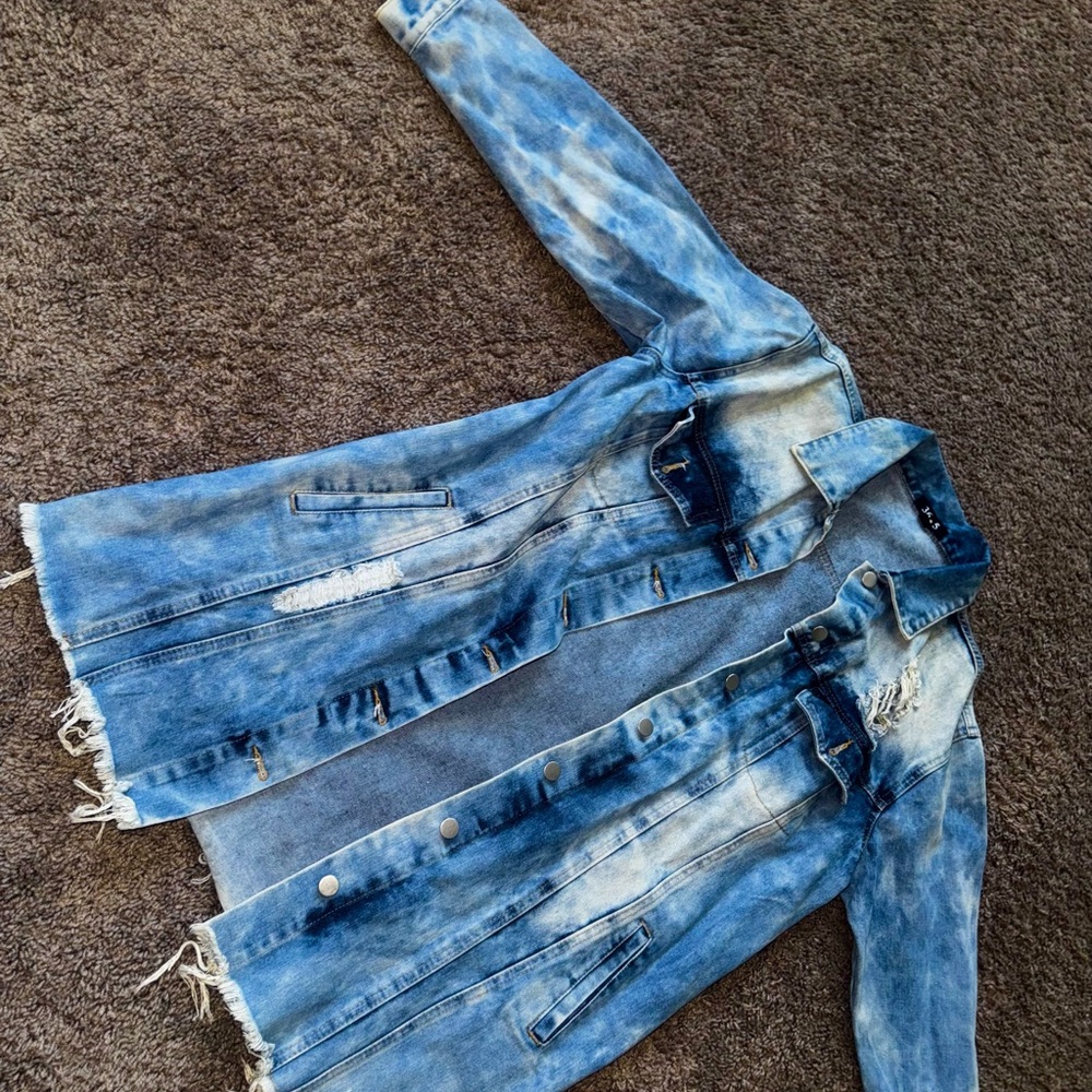 Distressed Long Blue Denim Jacket